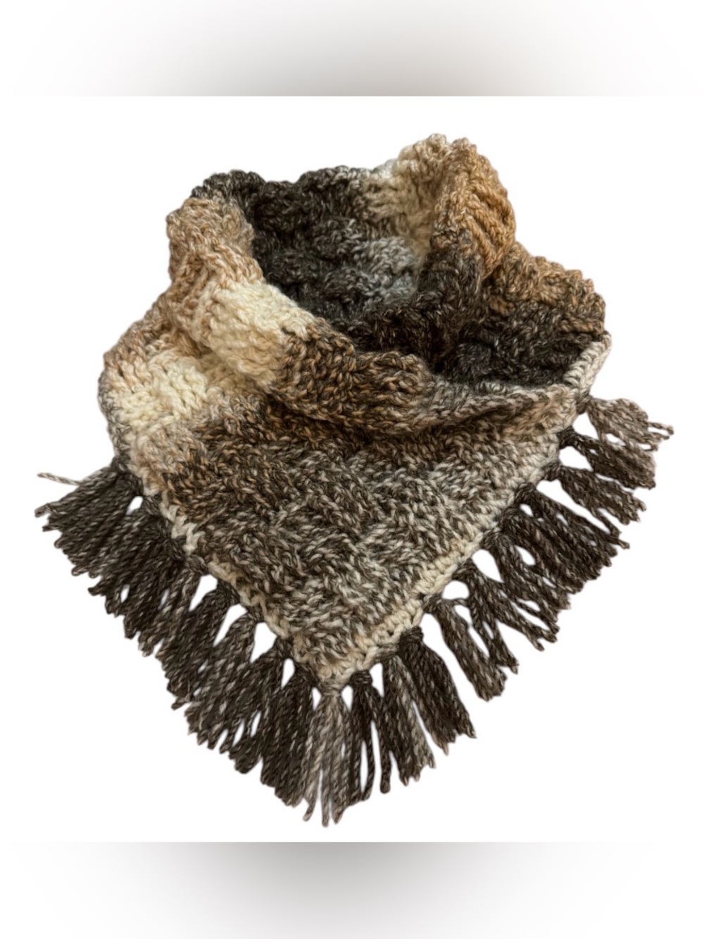 Hand Crafted Brown Gradient Crocheted Scarf with Fringe